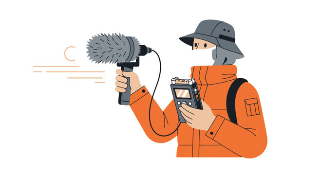 Audio Field Recordist in Cold Weather Clothing with Shotgun Microphone and Digital Recorder Illustration, Sound Engineer Capturing Nature Sounds, Foley and Media Production