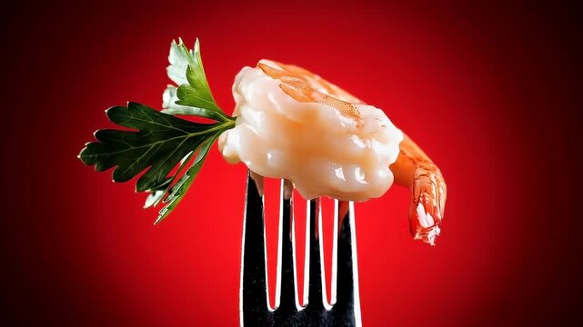 Fresh boiled shrimp on a silver fork with red background
