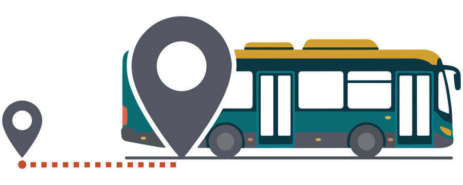 A public transportation bus with a location pin showing a route map.