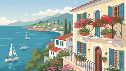 Obraz premium Mediterranean coastal village with sailboats and balcony flowers