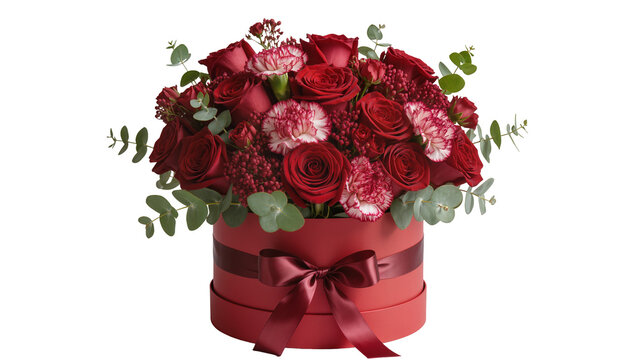 Red roses and carnations in a round red hat box with ribbon bow