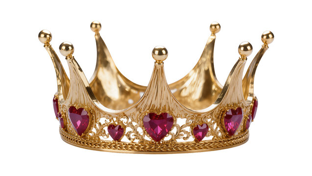 Golden crown with ruby heart gems and ornate details