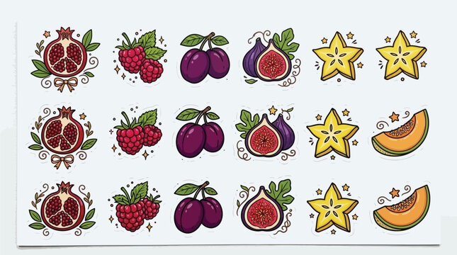 A vibrant collection of cartoon fruit illustrations featuring pomegranates, raspberries, plums, figs, starfruit, and melon slices arranged in three neat rows.