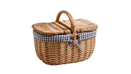 Obraz premium Wicker picnic basket with checkered lining and handle