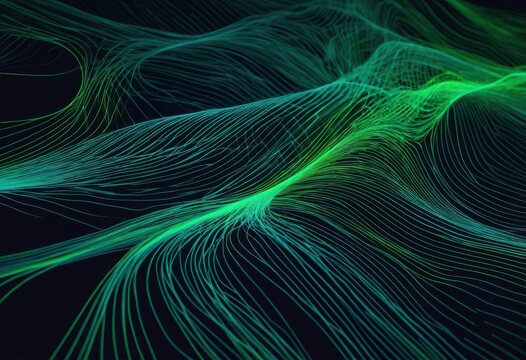 Abstract Dark Background Texture with Smooth Green and Blue Fine Lines Forming Waves