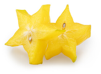 Fototapeta premium Two slices of star fruit or carambola isolated on white background with clipping path.