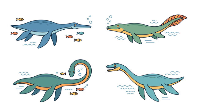 Cartoon prehistoric marine reptiles set, aquatic dinosaur illustration, plesiosaurus and mosasaurus icons isolated on white background