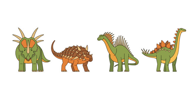 Set of four stylized cartoon dinosaur illustrations including Styracosaurus and Ankylosaurus isolated on white background