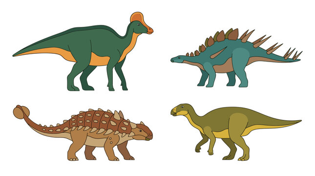 Vector illustration set of diverse dinosaurs including ankylosaurus and stegosaurus isolated on white background.