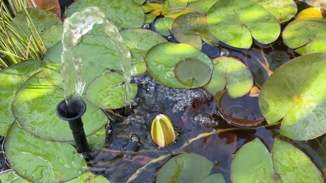 Seerose im Teich mit spritzendem Wasser in nat&uuml;rlicher Umgebung