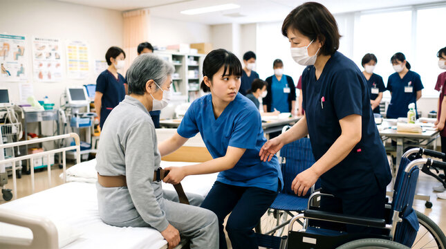 移乗介助の研修を受ける新人スタッフ