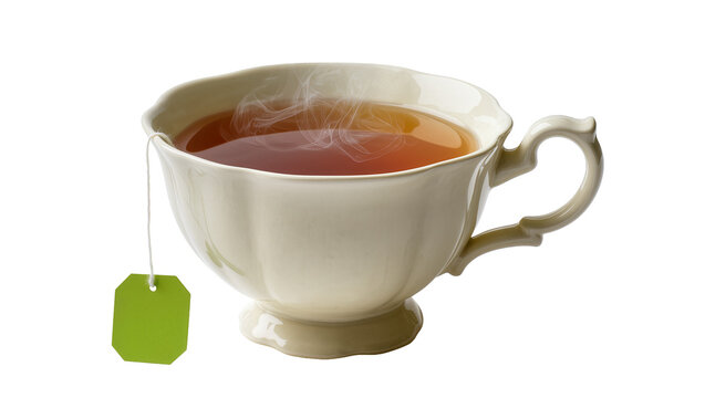 Cream ceramic teacup with hot amber tea and steam, green tea bag tag