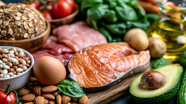 Fresh healthy food ingredients for balanced nutrition featuring salmon fish