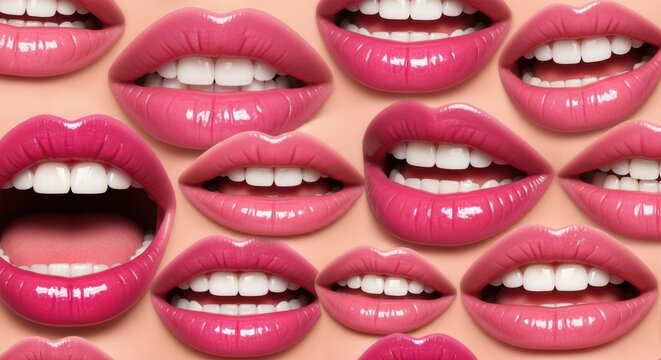 Smiling pink lips pattern on beige background