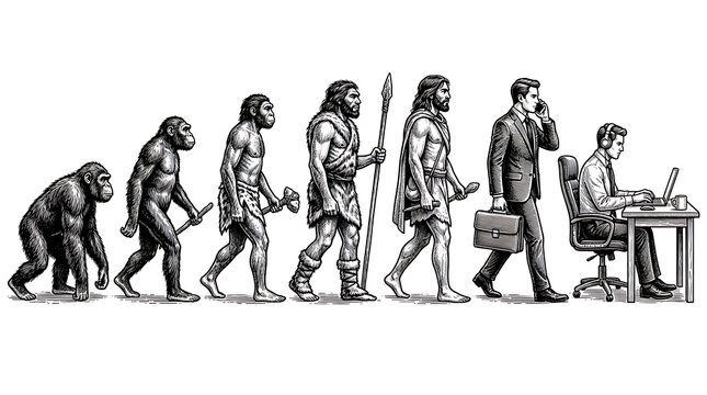 Human Evolution Timeline from Early Ancestors to Modern Work Life in a Digital Office Space