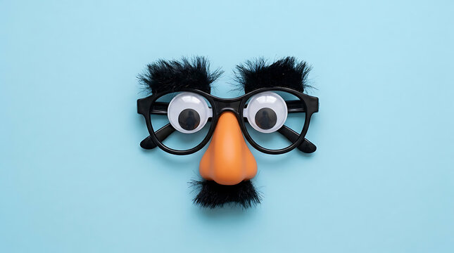 Face mask with glasses and eyebrows novelty disguise with fake nose and mustache on blue backdrop