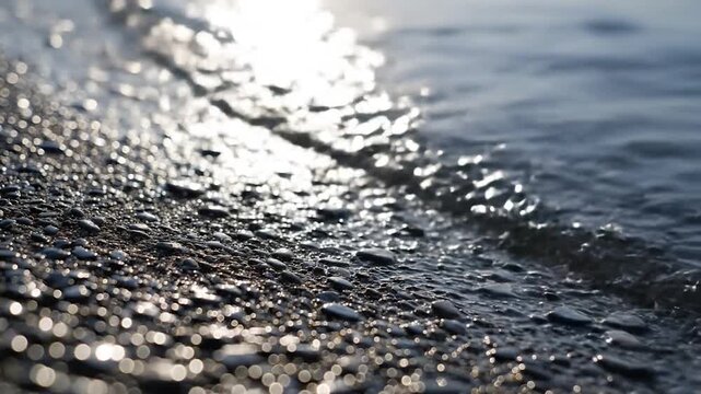 Sunlight Glinting on Wet Pebbles Along the Shoreline During a Peaceful Summer Afternoon Near Water
