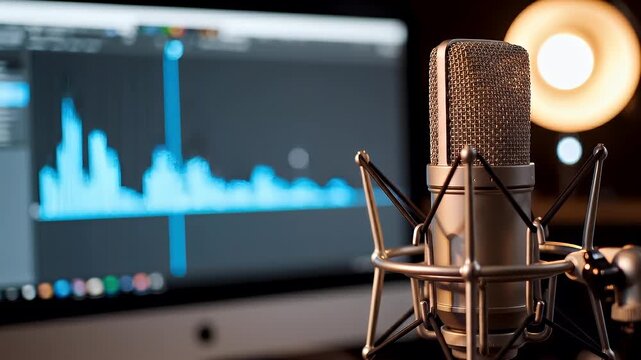 Professional condenser microphone in recording studio with audio waveform on monitor

