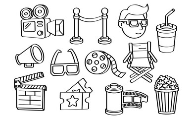 Cinema Movie Doodle Outline Icon Set Film Coloring Page © andinur