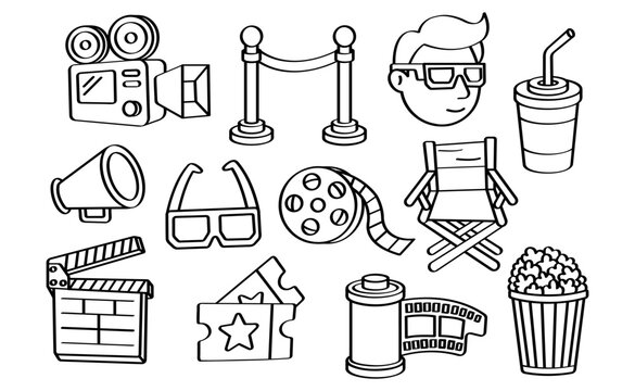 Cinema Movie Doodle Outline Icon Set Film Coloring Page