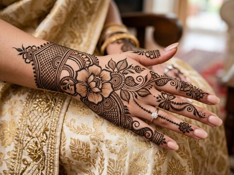 Woman with intricate henna tattoo on hand in traditional dress