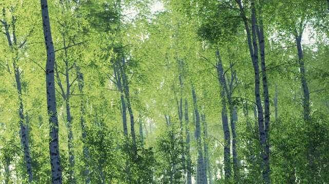 Sunlight shines through the tall trees in a dense forest. The leaves are bright green, creating a lively scene. The area is filled with nature and sounds of wildlife.