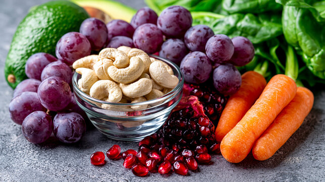 Healthy snack platter featuring grapes cashews avocado and pomegranate seeds on board