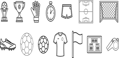 Set of soccer and football icons featuring ball, goal, trophy, jersey, whistle, and field in clean black and white outline. © MdMucha