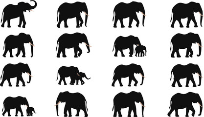 African Elephant Silhouette Vector Set with Walking Wild Animals Herd and Cute Mother with Baby Symbols for Safari Nature Graphic Designs © MdSaidi
