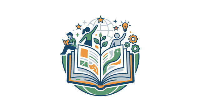 Education and Learning Concept: Open Book, People, Globe, Ideas, Stars