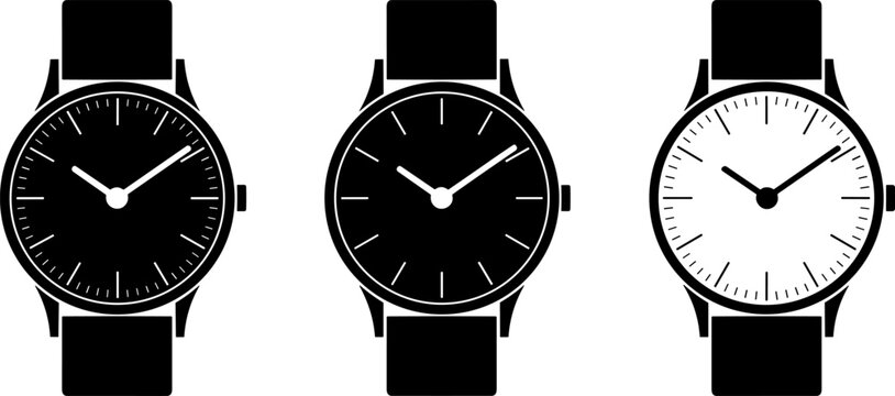 Set of simple wristwatch icons featuring classic minimalist watch face designs in both black and white for modern fashion branding.