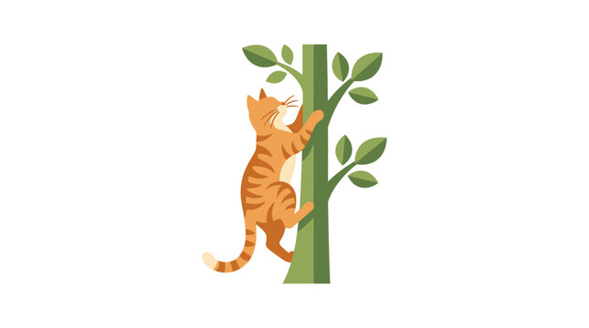 Orange Tabby Cat Climbing Green Tree Trunk with Leaves
