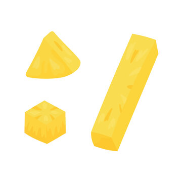 Flat vector illustration featuring pineapple pieces, including a juicy cube, wedge, and stick slice. Bright yellow tropical fruit isolated on a white background for food design.
