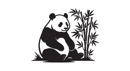 Premium black and white vector silhouette of a panda sitting with bamboo shoot beside it, isolated on white © MdSamir