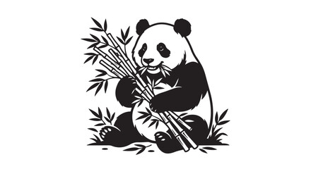 Premium black and white vector silhouette of a panda eating bamboo leaves, isolated on white, cute wildlife design © MdSamir