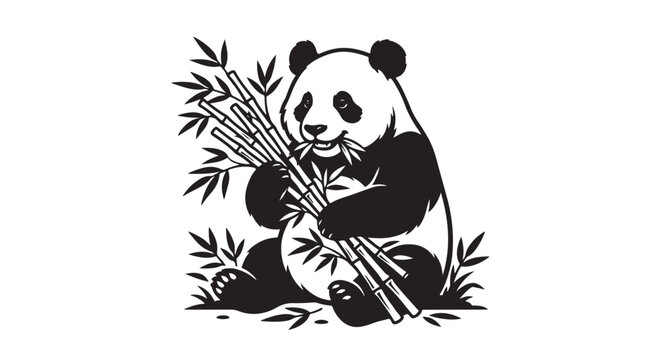 Premium black and white vector silhouette of a panda eating bamboo leaves, isolated on white, cute wildlife design