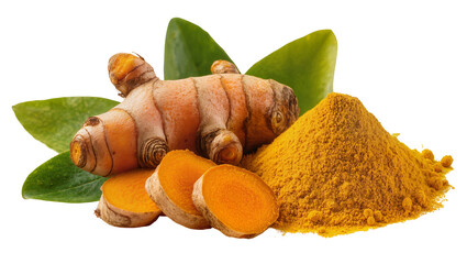 Turmeric root slices and powder with green leaves © Luca