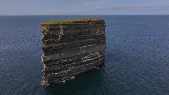 Downpatrick Head in Ireland at Sunny Day, Aerial Drone Shot. Stunning High Cliffs, Dun Briste Irish Coastal Landmark.