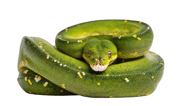 Green Tree Python coiled with yellow and white spots