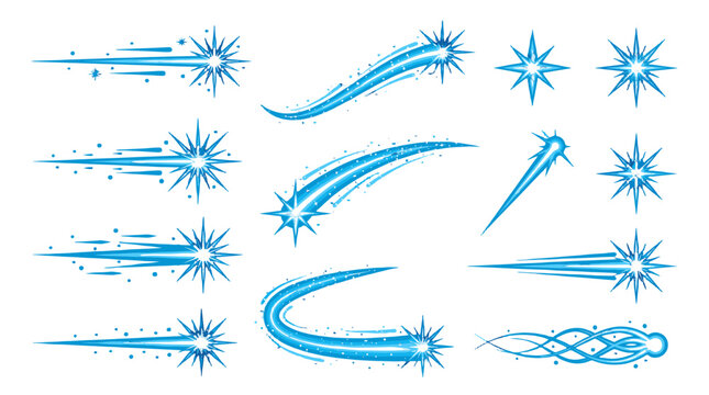 Blue shooting stars and sparkling comet trail vector set