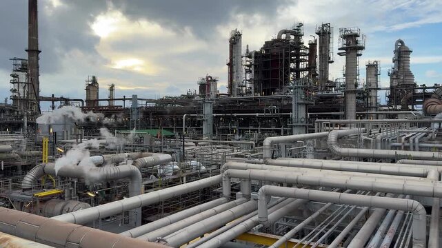 Panorama inside of the interior of a chemical plant or oil refinery. Pipeline structure, heavy equipment in process area. Steel tanks and boilers with cables, pipelines and valves for chemical mixing