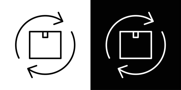 Return package stroke icon shown in black and white versions. Ideal for representing package returns, refunds, and reverse logistics in apps and websites.