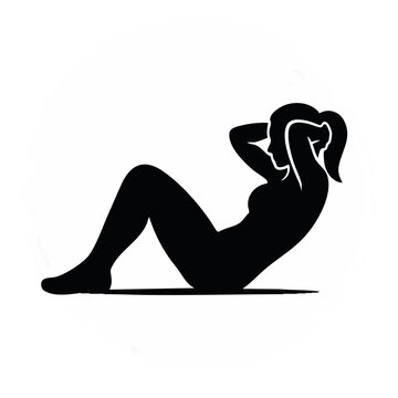 Woman doing sit ups silhouette in circle. Abdominal crunches fitness vector illustration. Gym logo and workout icon isolated on transparent background