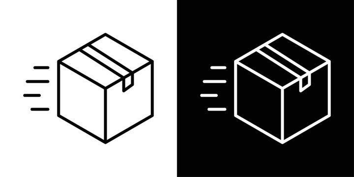 Shipping box stroke icon shown in black and white versions. Ideal for representing delivery, packaging, logistics, and order fulfillment in apps and websites.