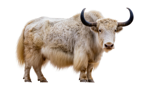White yak with long shaggy fur and curved horns standing