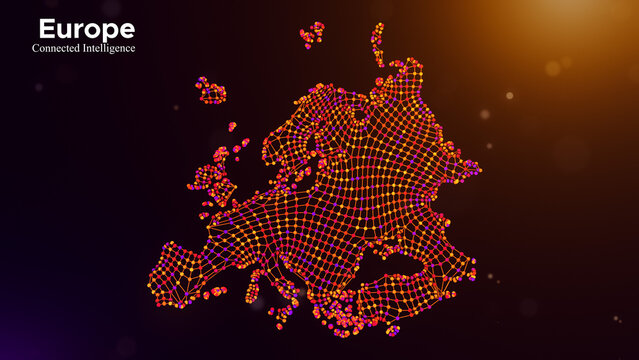 Europe connected intelligence concept featuring a digital node network map, linked data structures, and modern typography on a glowing purple orange technology background.
