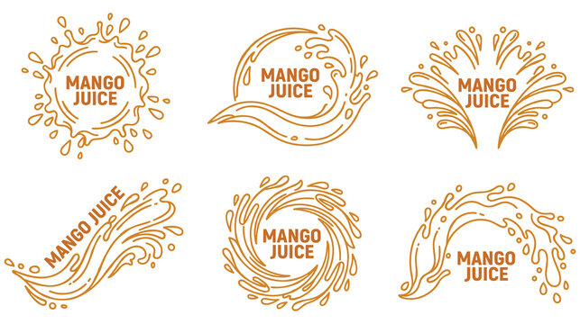 Set of six linear illustrations of mango juice splashes and liquid wave.
