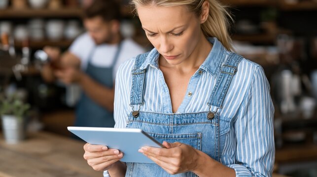 Young woman checking tablet in coffee shop interior