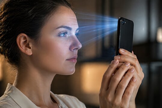Close-up biometric face identification with woman scanning face using smartphone, digital identity verification concept with visible scanning light and secure modern technology interaction