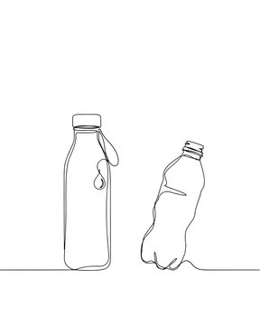 A minimalist one-line drawing of a reusable water bottle and a disposable plastic bottle representing healthy hydration and self care habits.